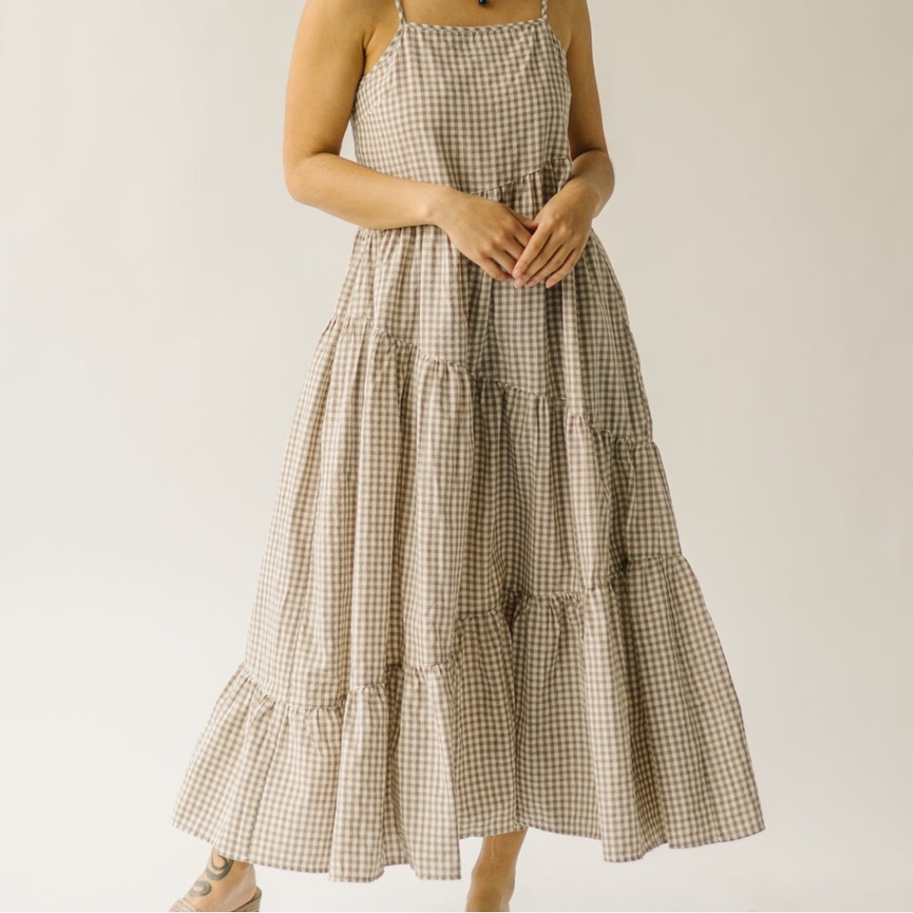 Piper and scoot - The Helton plaid tank midi dress in taupe size L